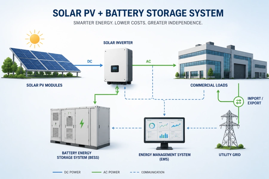 Solar PV Battery Storage Commercial Energy Solution Integrating Rooftop Solar Panels, 30kWh+ Battery Energy Storage System (BESS), EMS Control, and Renewable Energy Management for Businesses