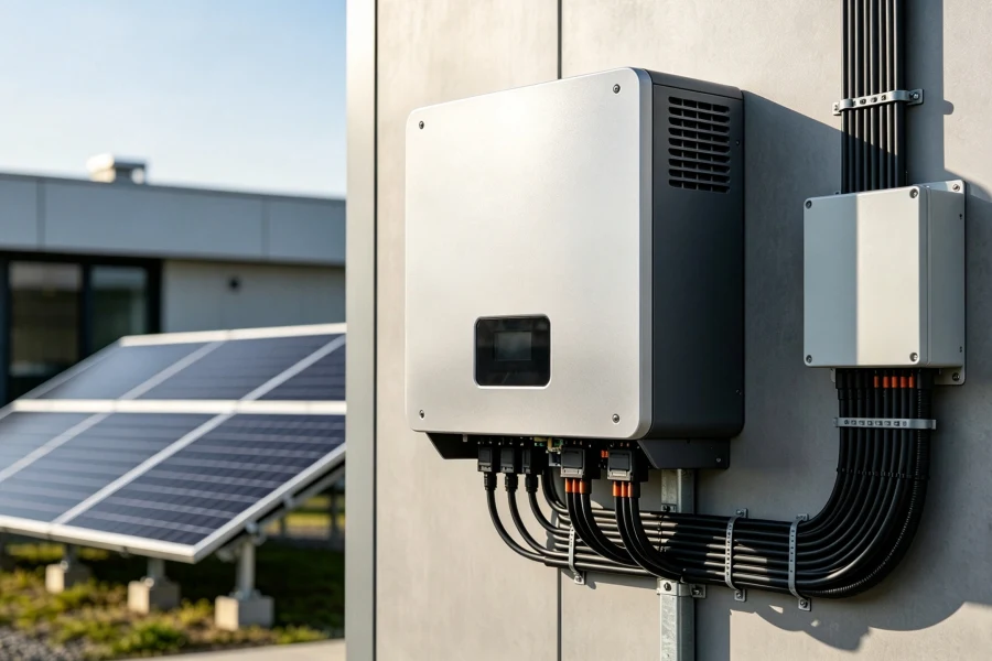 Wall Mounted Grid Tie Solar Inverter with Secure DC AC Wiring for Commercial Solar Systems Supporting 30kWh+ Battery Storage and Renewable Energy Integration