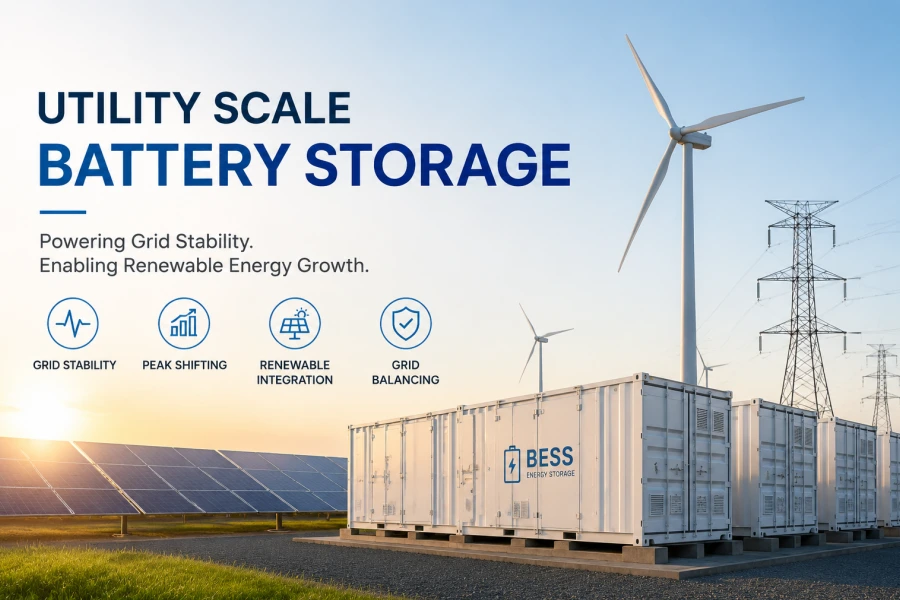 Utility scale battery energy storage system (BESS) applications featuring large capacity containerized LiFePO4 battery storage, renewable energy integration, grid stabilization, peak shaving, frequency regulation, intelligent EMS management and future smart energy infrastructure solutions.