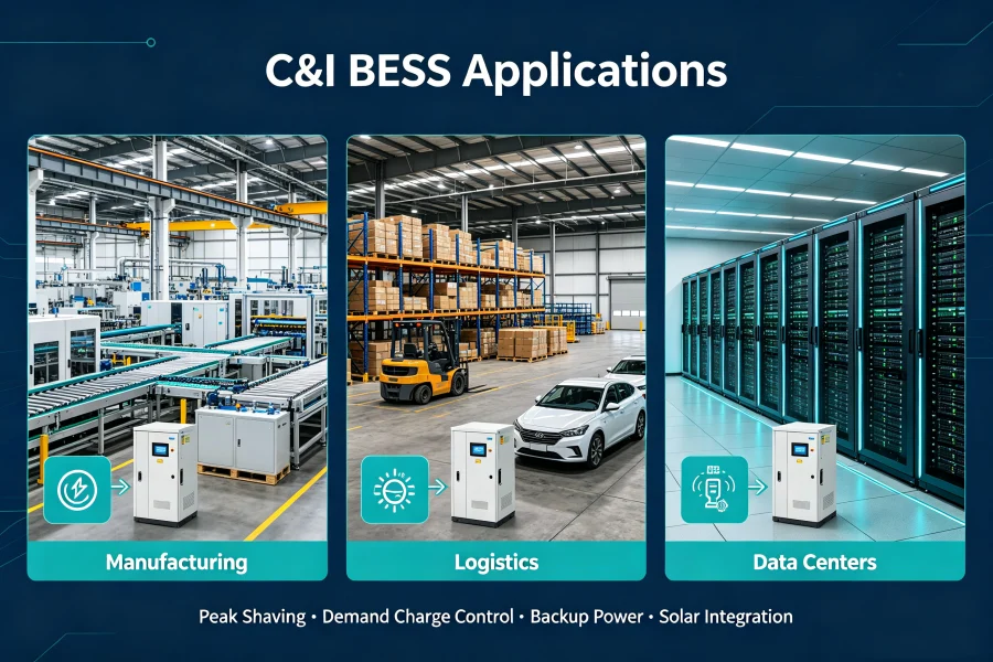 Commercial and Industrial Battery Energy Storage System (C&I BESS) Applications for Manufacturing Plants, Logistics Warehouses and Data Centers with 500kWh to 5MWh LFP Battery Storage Solutions