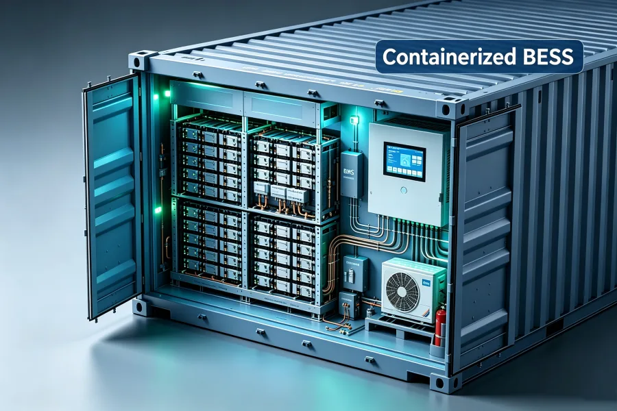 Internal structure of a containerized liquid cooled battery energy storage system (BESS) featuring LFP LiFePO4 battery modules, battery racks, liquid cooling system, BMS protection, PCS integration, fire suppression system and intelligent energy management components for utility scale renewable energy storage applications worldwide.