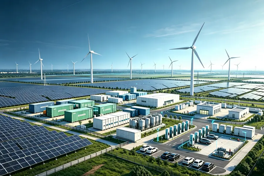 Large scale battery energy storage project featuring utility scale BESS infrastructure integrated with solar PV and wind farm renewable energy generation, 100MWh containerized LiFePO4 battery storage systems, grid support functions, PCS, EMS control and advanced renewable energy management solutions.