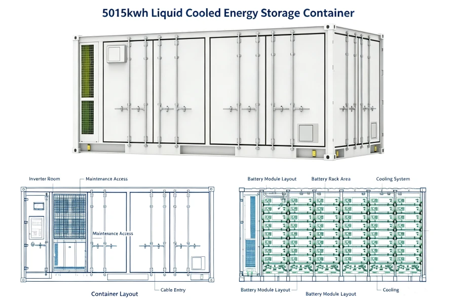 Liquid Cooled Containerized Battery Energy Storage System with External Container View and Internal Layout Design for Industrial MWh Scale BESS Applications, 5MWh LFP Energy Storage Solution