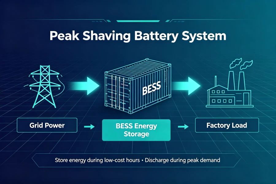 Peak Shaving Battery Energy Storage System Workflow Diagram Showing Grid Connection, Factory Load Management, BESS Charging and Discharging Process for Commercial Energy Cost Optimization