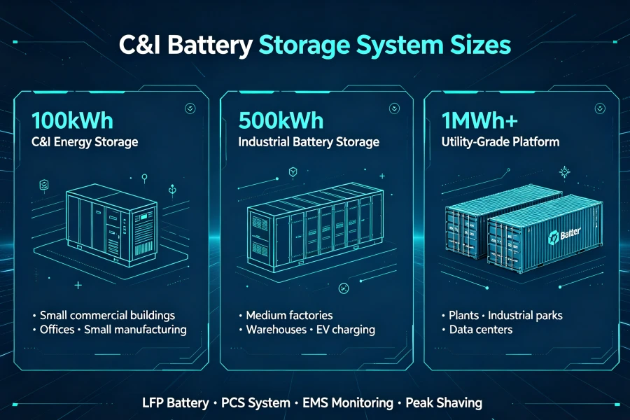 Scalable C&I Battery Energy Storage System Capacity Comparison Infographic Showing 100kWh, 500kWh and 1MWh Commercial Industrial BESS Solutions for Different Energy Storage Applications