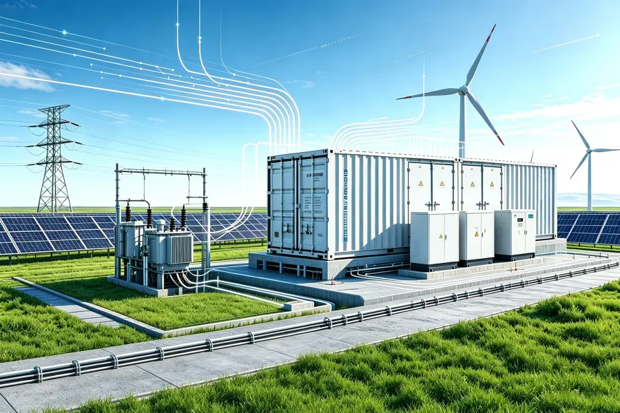 Solar PV and battery energy storage system (BESS) grid integration solution featuring utility scale renewable energy generation, containerized LiFePO4 battery storage systems, PCS power conversion, EMS energy management, smart grid connection and advanced power management technologies for large scale clean energy projects worldwide.