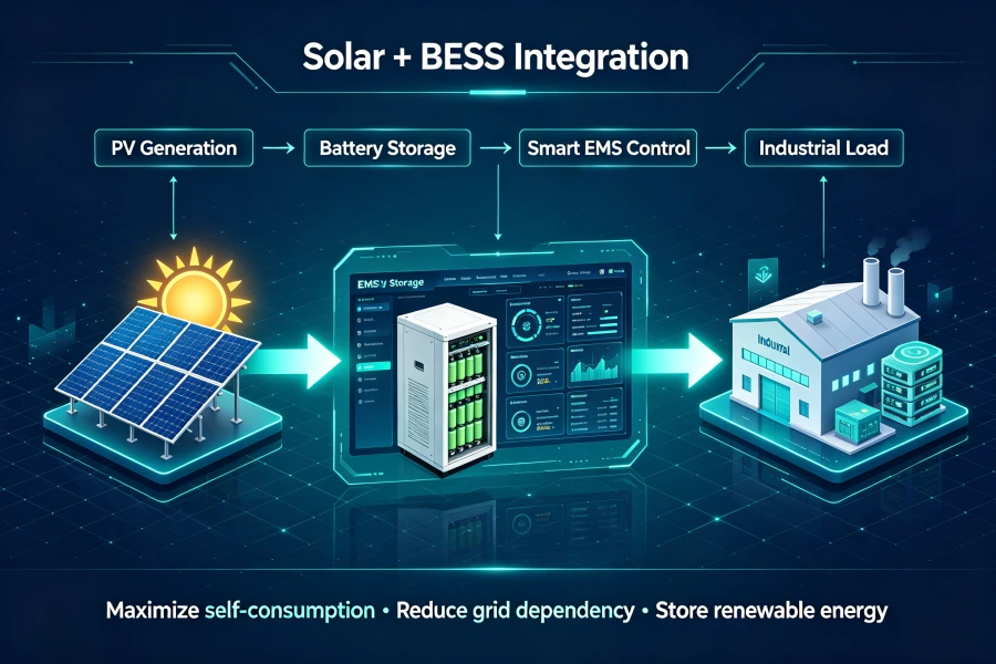 Solar PV and Battery Energy Storage System Integration Diagram Showing Photovoltaic Generation, BESS, EMS Control, Grid Connection and Industrial Load Management for C&I Energy Storage Applications