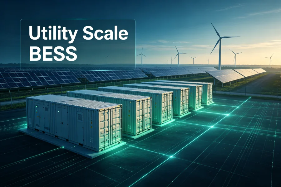 Utility scale BESS containerized battery energy storage system featuring large capacity LiFePO4 battery containers, renewable energy integration, grid stability support, PCS power conversion, EMS intelligent control, battery management systems and advanced energy storage infrastructure for modern power networks worldwide.